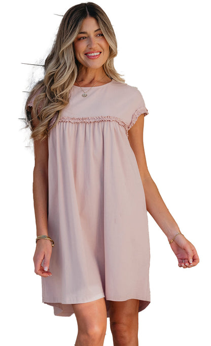 LuckeLadybug oatmeal frilled trim mini dress with a relaxed fit and cap sleeves