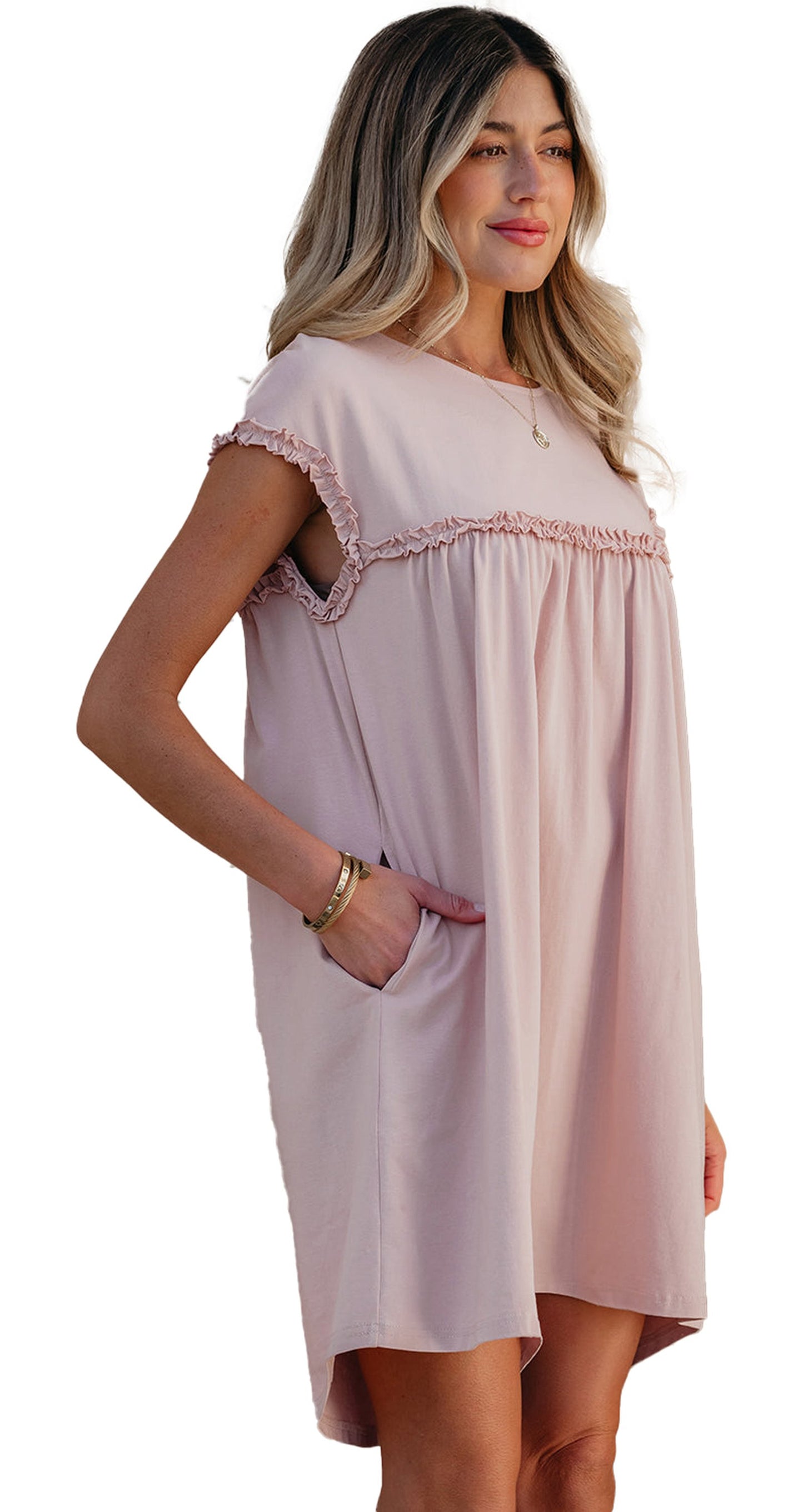 LuckeLadybug oatmeal frilled trim mini dress with side pockets and soft fabric for a casual look