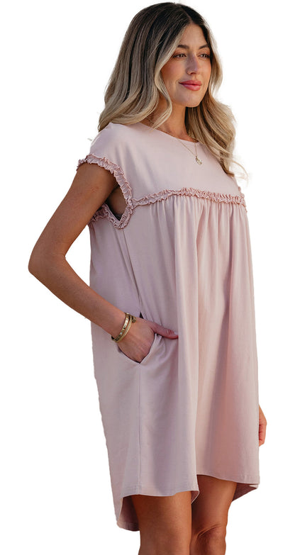 LuckeLadybug oatmeal frilled trim mini dress with side pockets and soft fabric for a casual look
