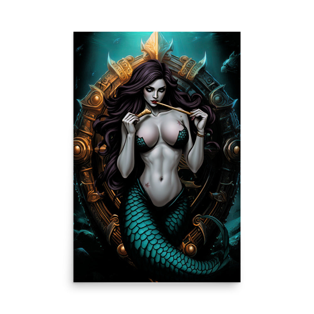 ocean enchantress poster featuring a dark-haired mermaid with teal scales and a mystical underwater background