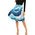 LuckeLadybug ocean waves midi skirt with blue and white wave pattern worn with black top and silver heels
