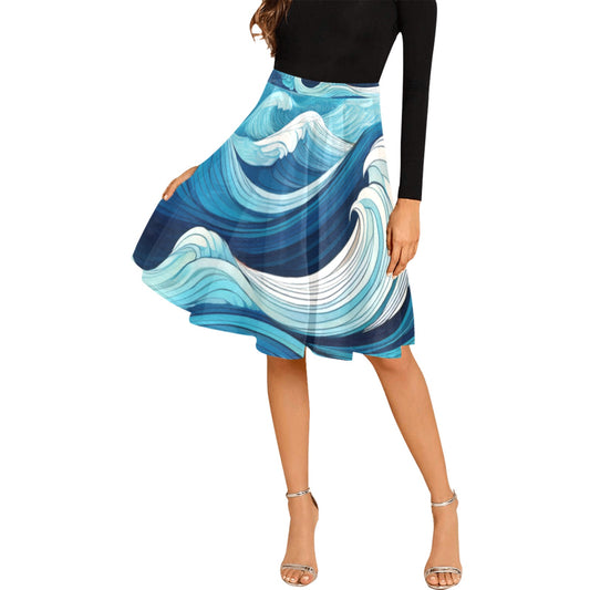 LuckeLadybug ocean waves midi skirt with blue and white wave pattern worn with black top and silver heels