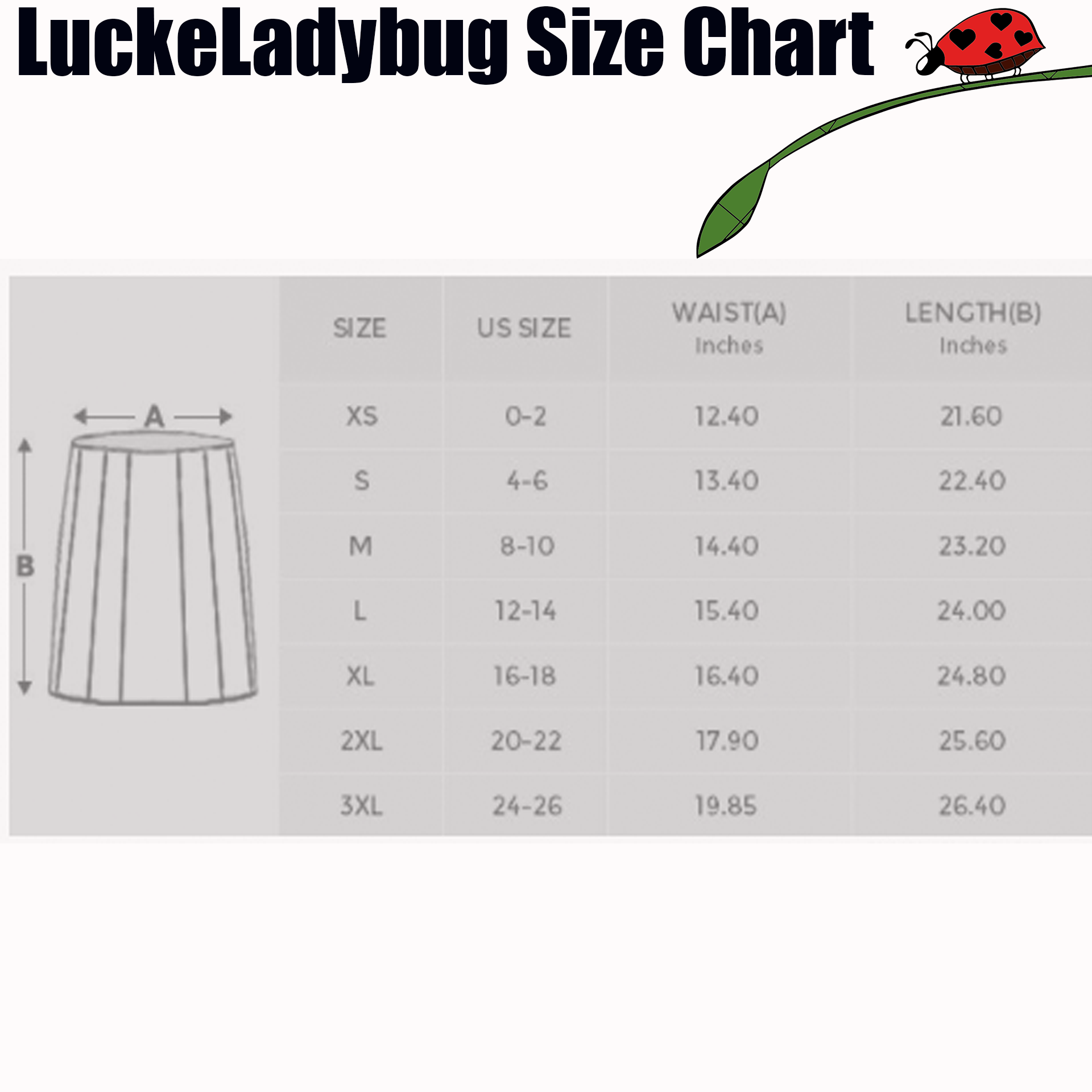 LuckeLadybug size chart with waist and length measurements for ocean waves midi skirt sizes XS to 3XL