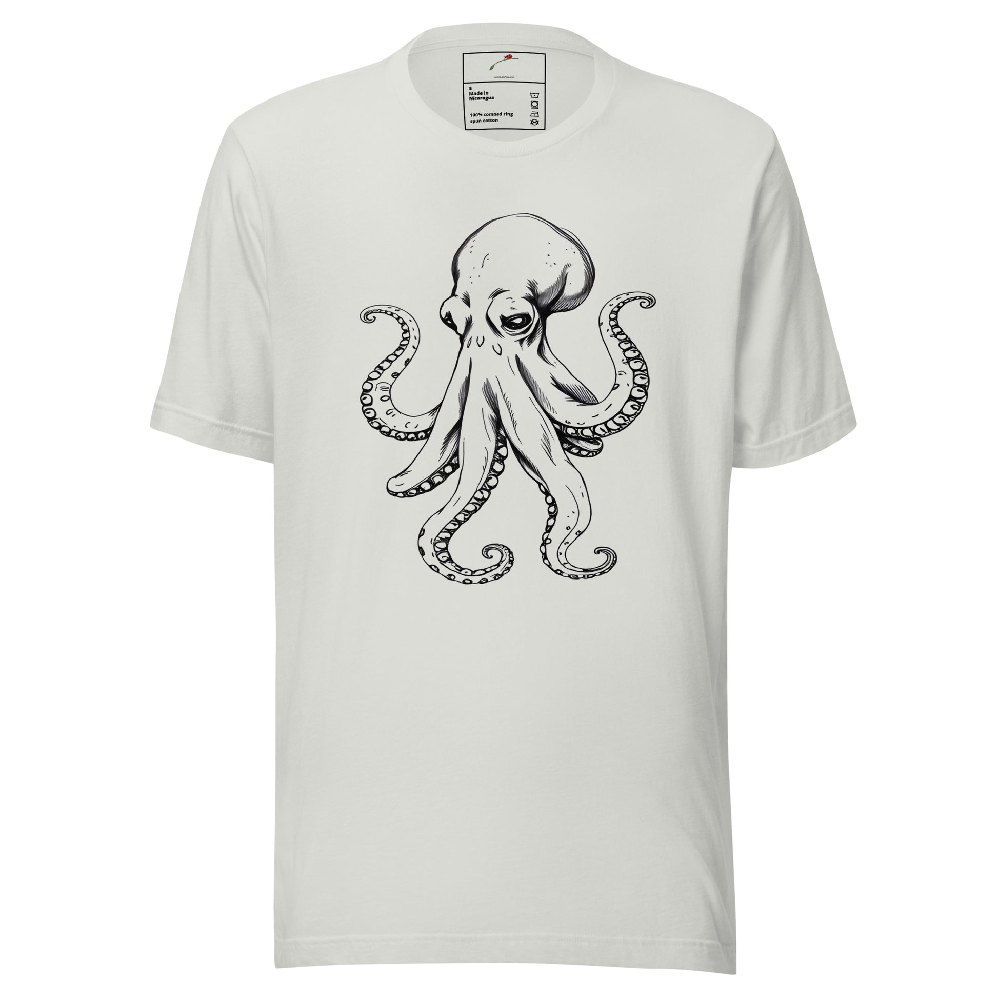 Luckeladybug white octopus graphic t-shirt with black detailed octopus illustration on front