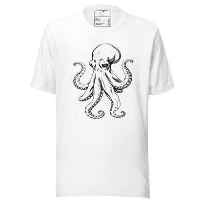 Luckeladybug white t-shirt with detailed black octopus graphic t-shirt design on front