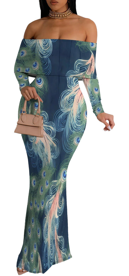 Elegantly designed off shoulder floral mermaid dress with peacock feather print for stylish occasions
