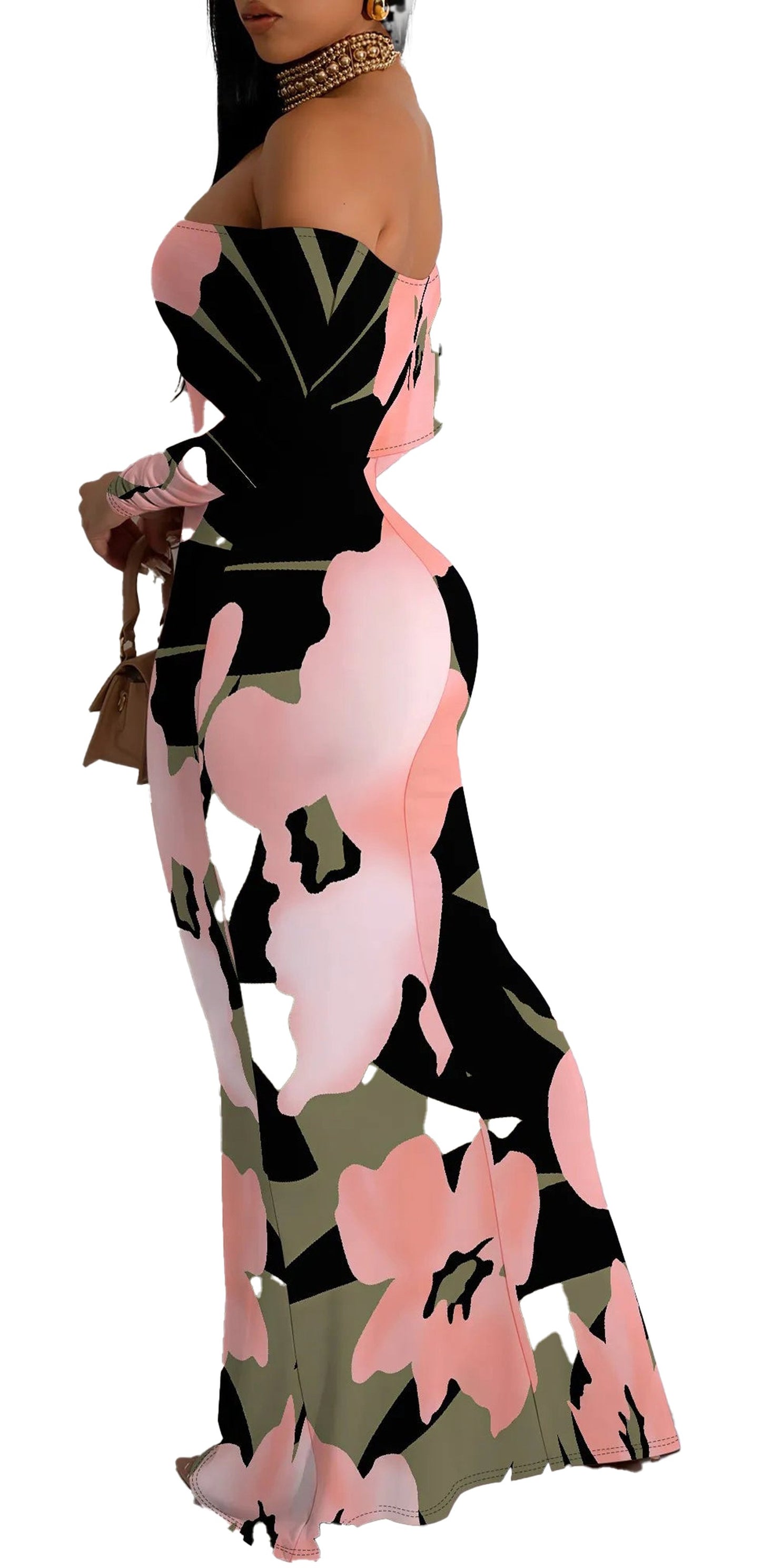 Elegant off shoulder floral mermaid dress by LuckeLadybug LLC featuring vibrant floral prints