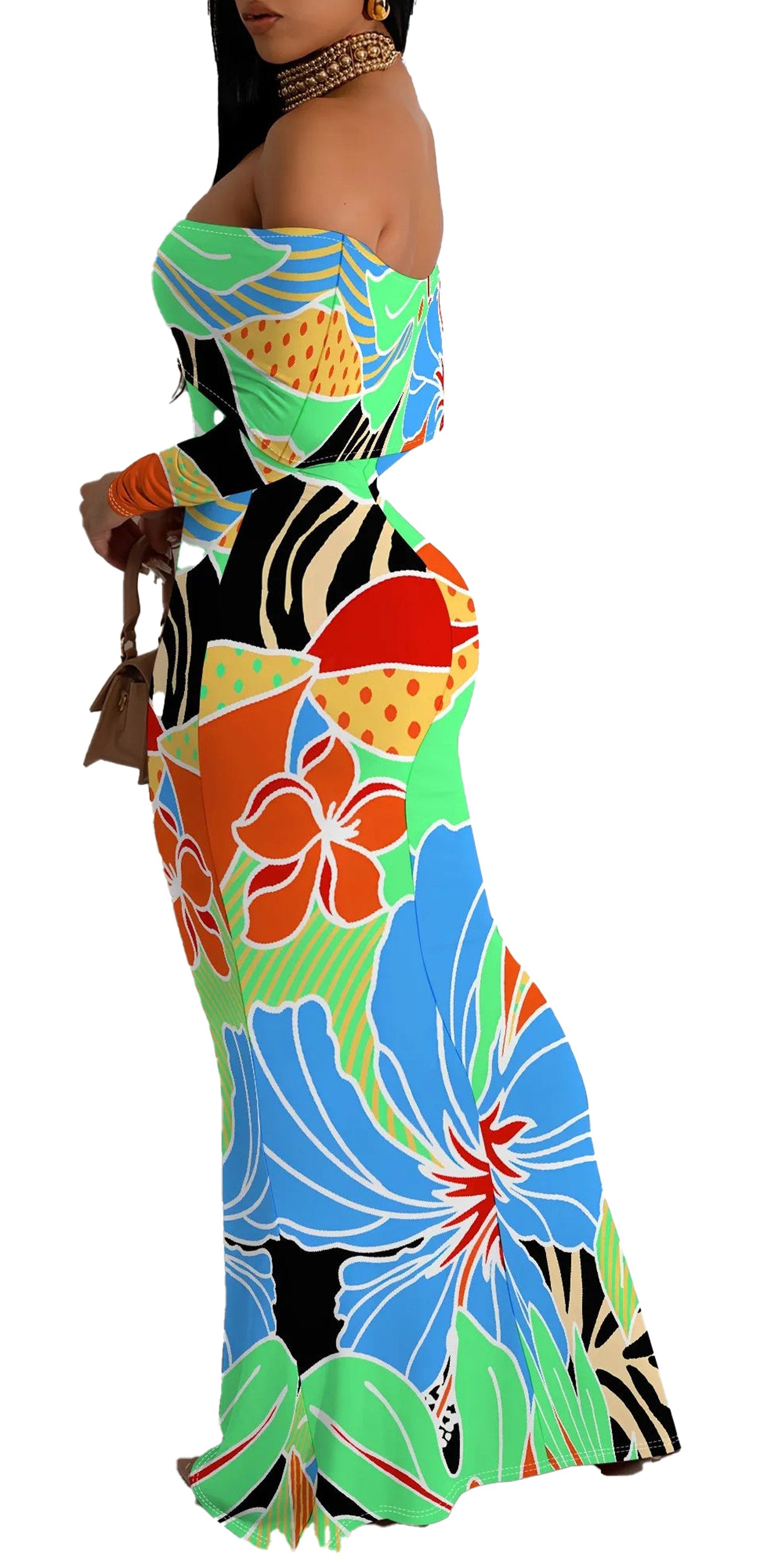 Vibrant off shoulder floral mermaid dress with bold colors and elegant design for special occasions