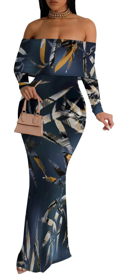 Off shoulder floral mermaid dress in blue with artistic print for stylish evening wear