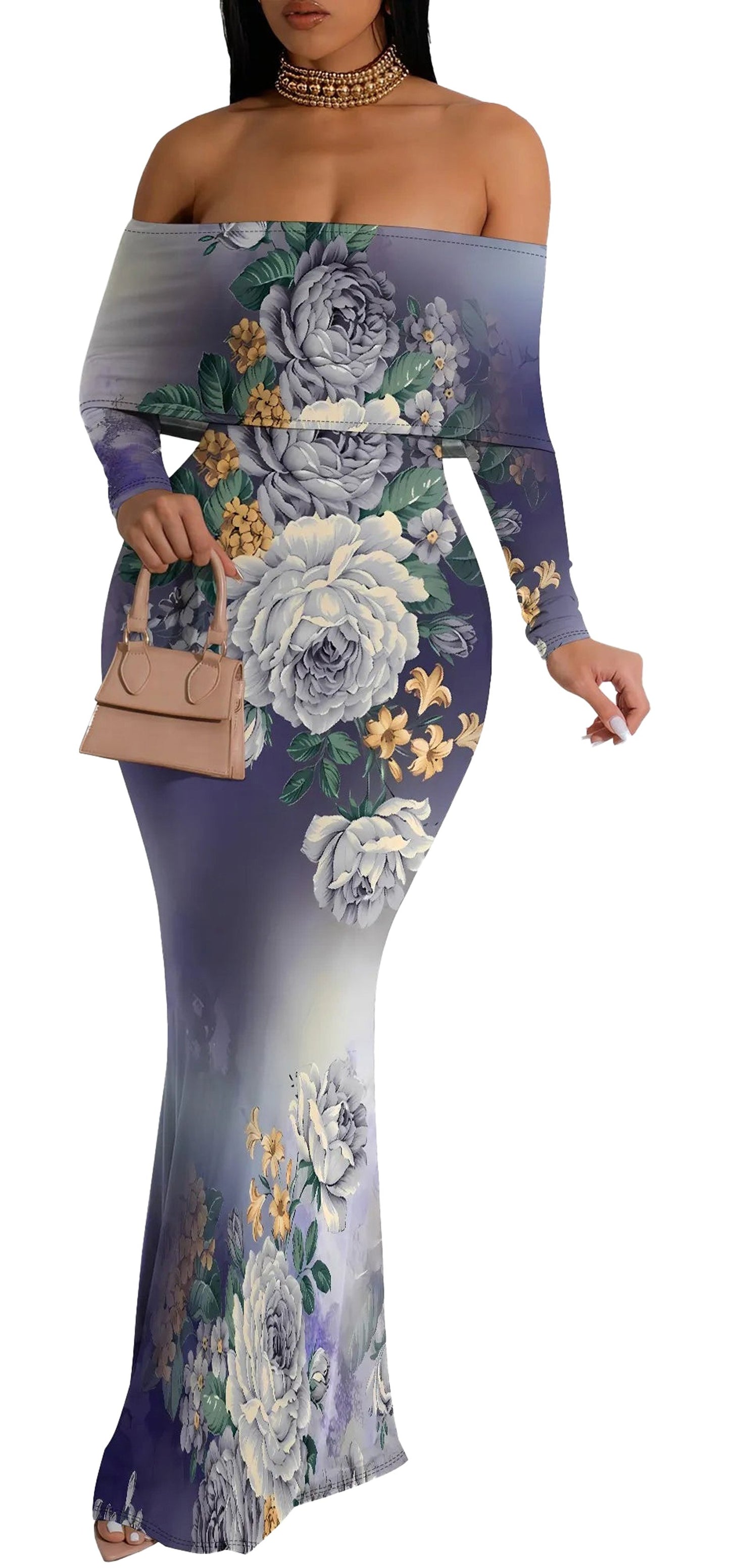Off shoulder floral mermaid dress featuring elegant floral designs and a fitted silhouette