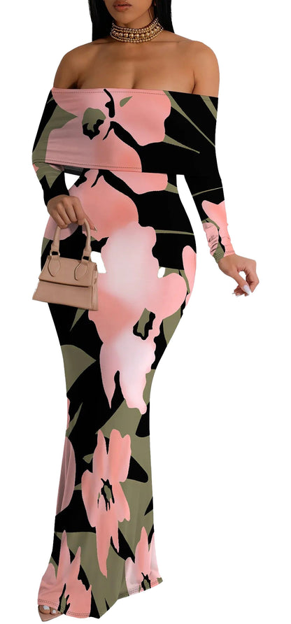 Off shoulder floral mermaid dress in pink and black with elegant floral pattern, perfect for special occasions