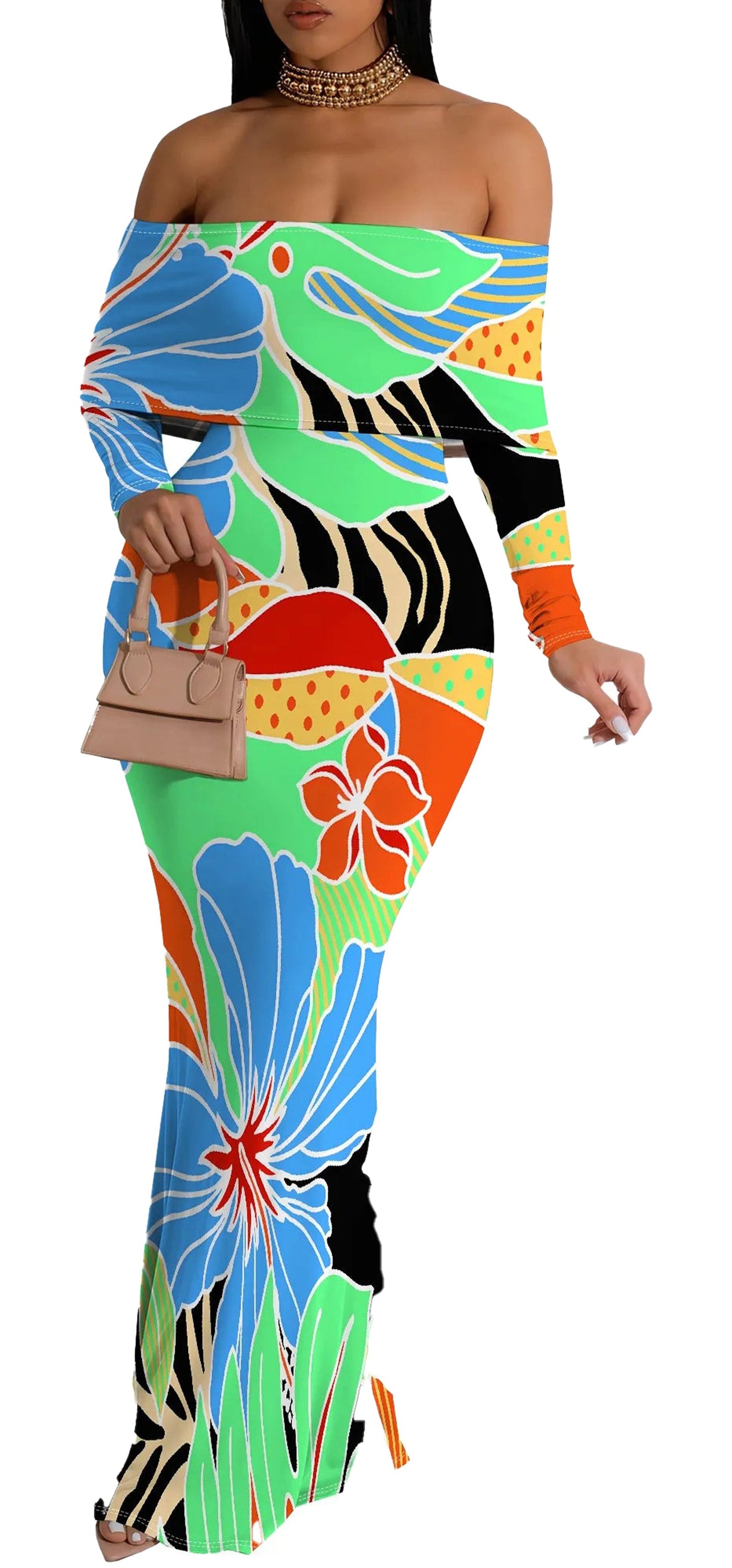 Colorful off shoulder floral mermaid dress with vibrant patterns and long sleeves from LuckeLadybug LLC