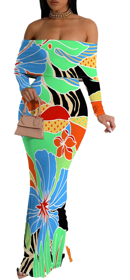 Colorful off shoulder floral mermaid dress with vibrant patterns and long sleeves from LuckeLadybug LLC