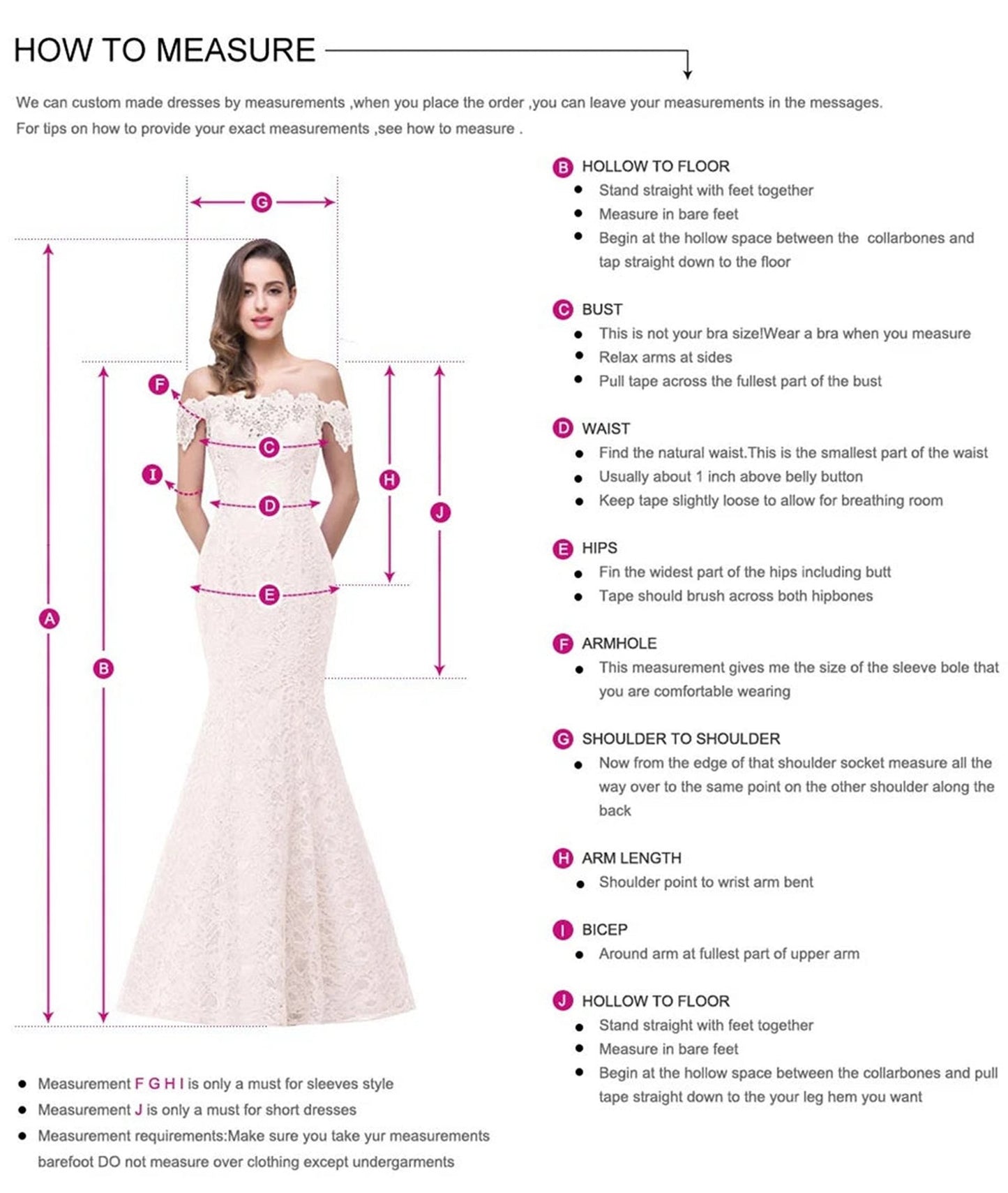 LuckeLadybug LLC off shoulder mermaid evening dress measurement guide for accurate fitting