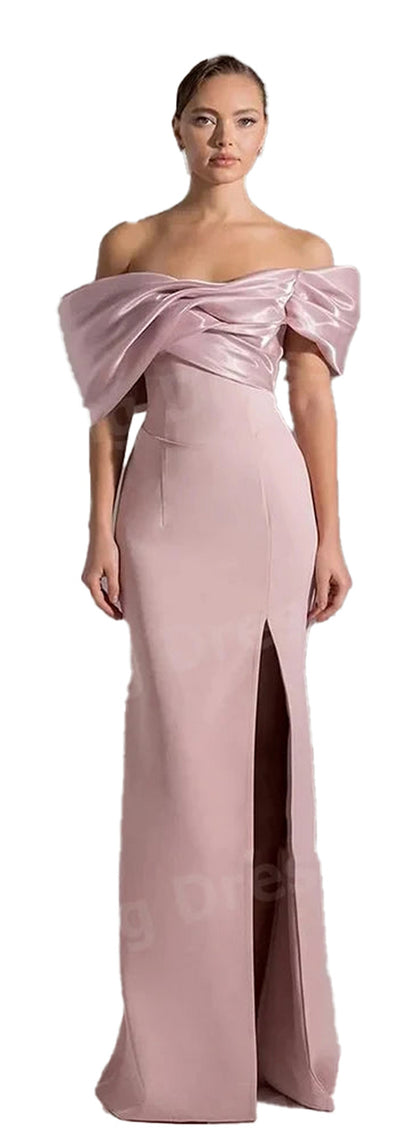 LuckeLadybug LLC Off Shoulder Mermaid Evening Dress in Soft Pink with Elegant Slit