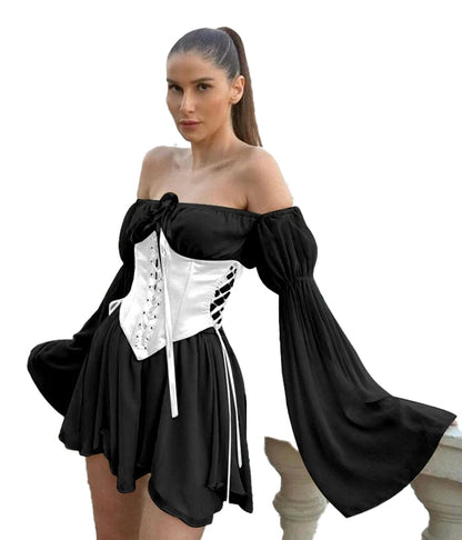 LuckeLadybug LLC off shoulder puff sleeve mini dress in black and white with corset detail