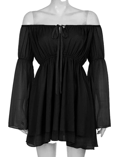 LuckeLadybug LLC off shoulder puff sleeve mini dress in black featuring a tie detail and flowing design