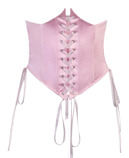 Pink corset featuring lace-up detailing and satin finish for a chic off shoulder puff sleeve mini dress look