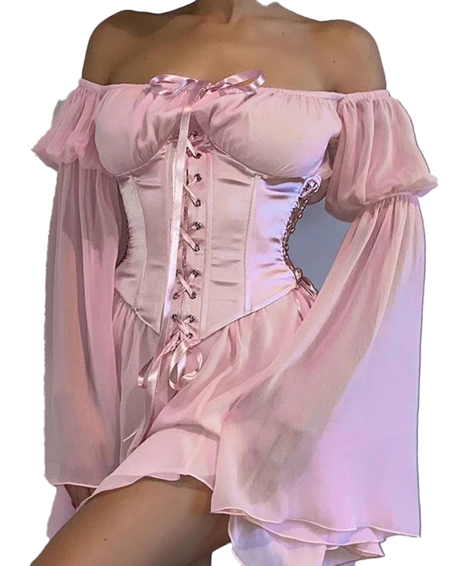 LuckeLadybug LLC Off Shoulder Puff Sleeve Mini Dress in Pink with Lace-Up Detail and Flowing Sleeves
