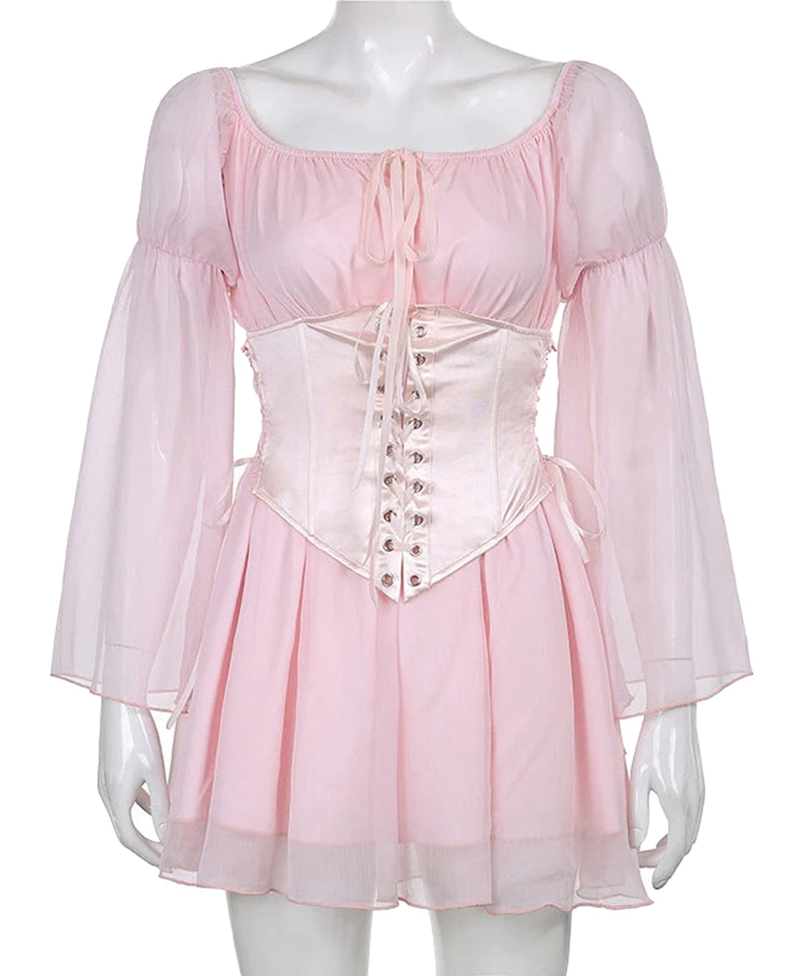 LuckeLadybug LLC off shoulder puff sleeve mini dress in soft pink with corset detailing