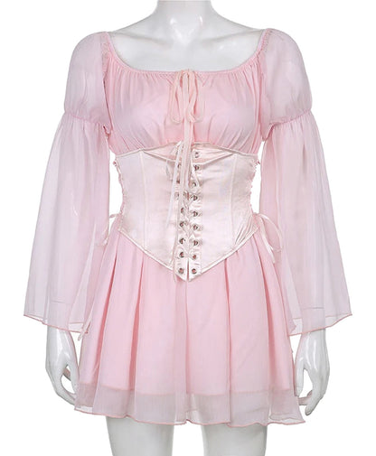 LuckeLadybug LLC off shoulder puff sleeve mini dress in soft pink with corset detailing