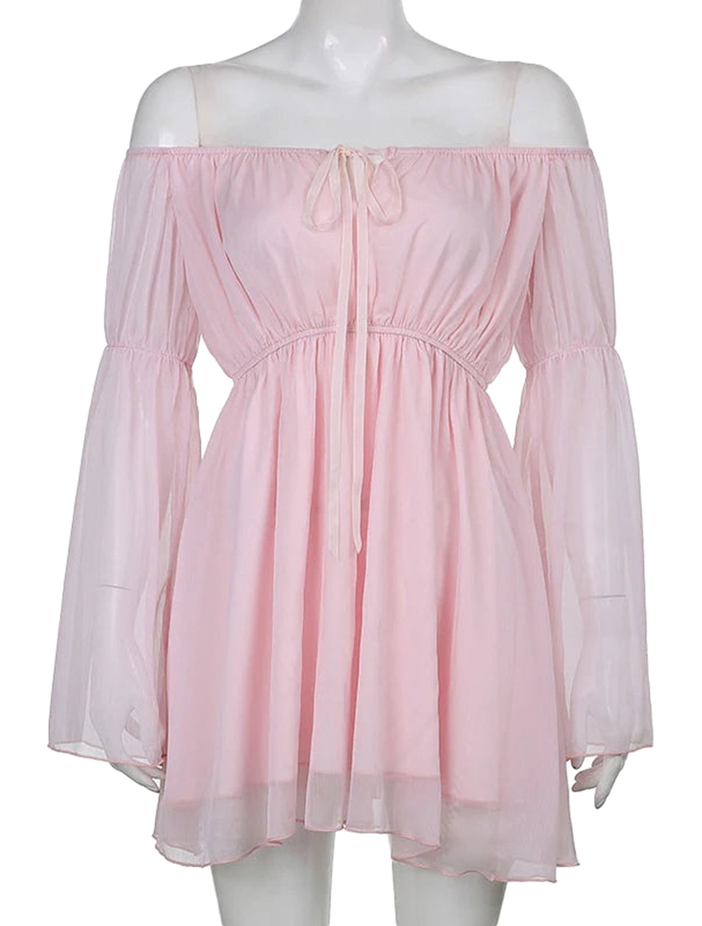 LuckeLadybug LLC off shoulder puff sleeve mini dress in soft pink with a tie closure and flowing silhouette
