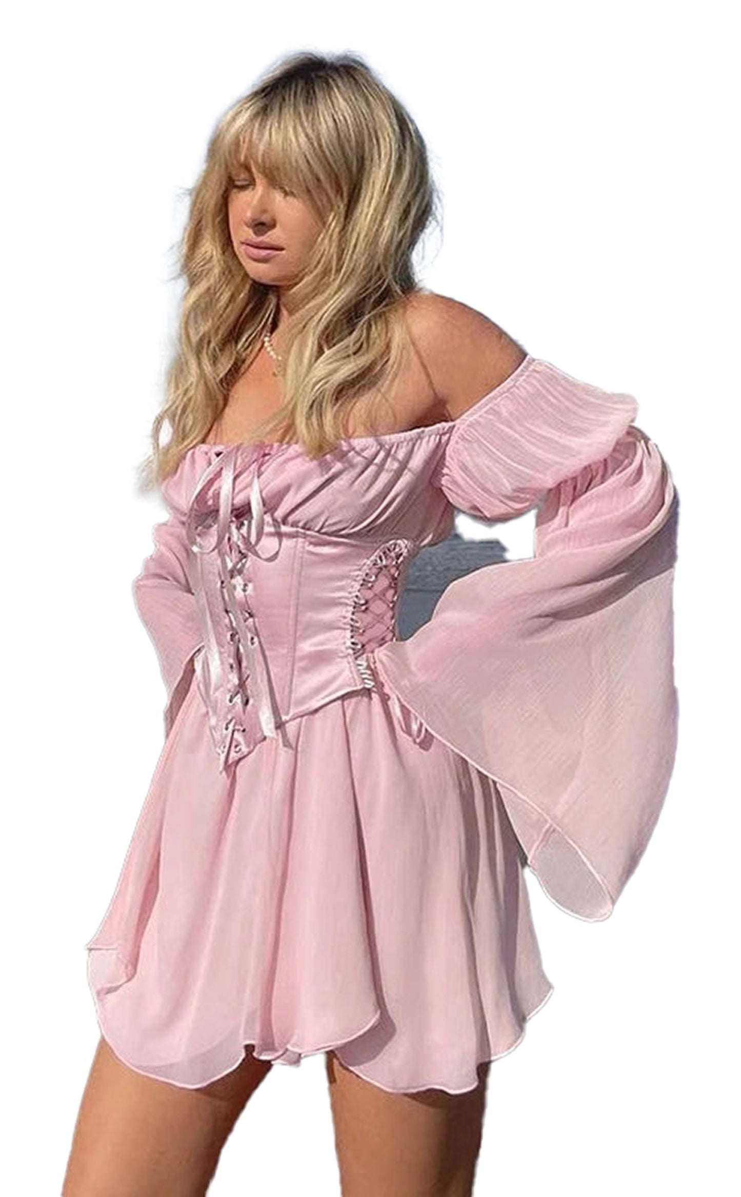 LuckeLadybug LLC off shoulder puff sleeve mini dress in pink with flowing sleeves and a fitted bodice