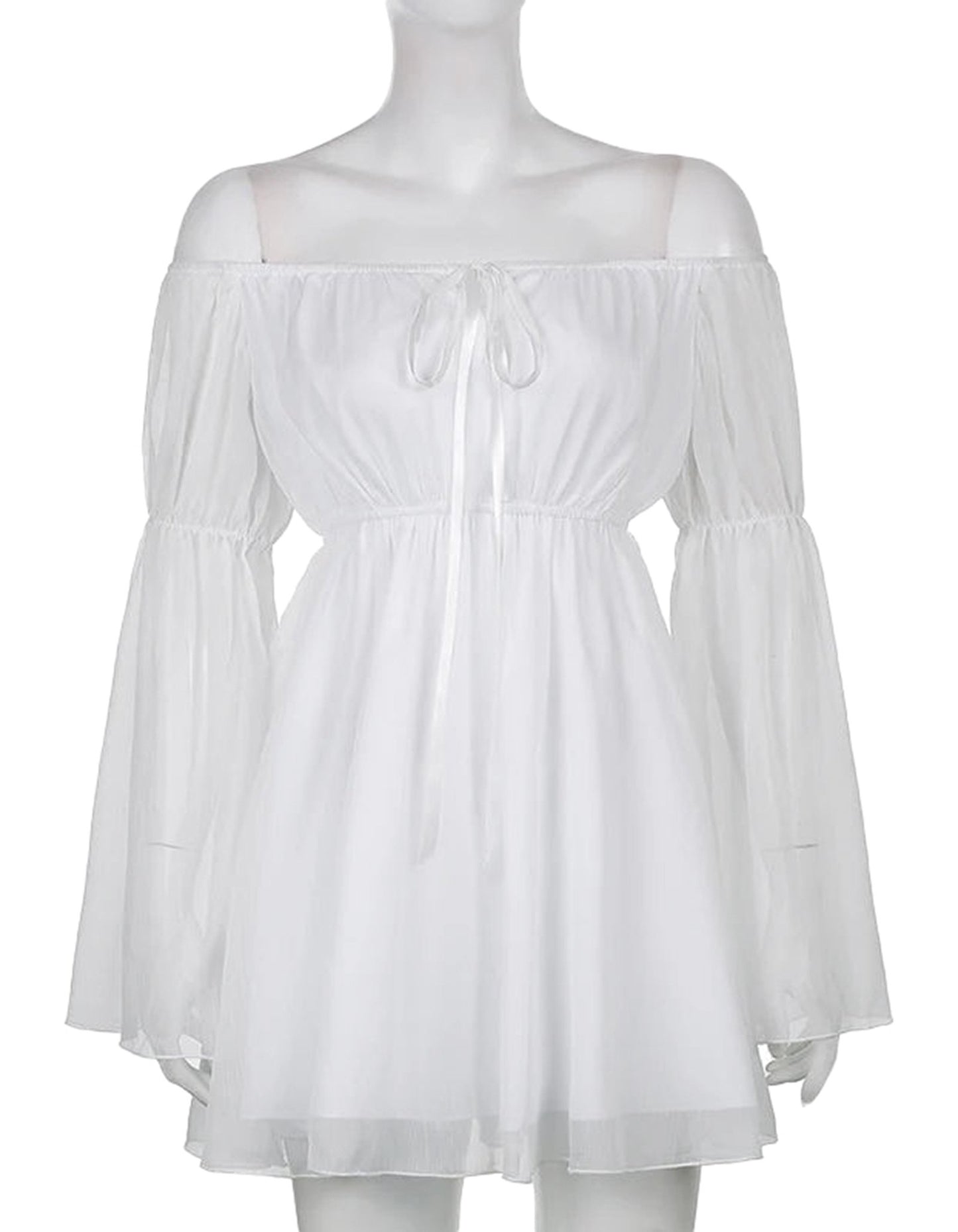 LuckeLadybug LLC off shoulder puff sleeve mini dress in white with a flowing design and drawstring waist