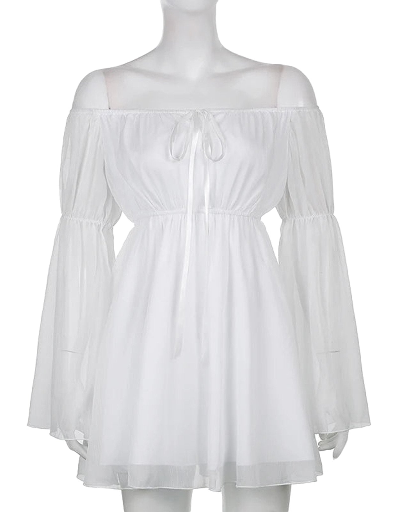 LuckeLadybug LLC off shoulder puff sleeve mini dress in white with a flowing design and drawstring waist
