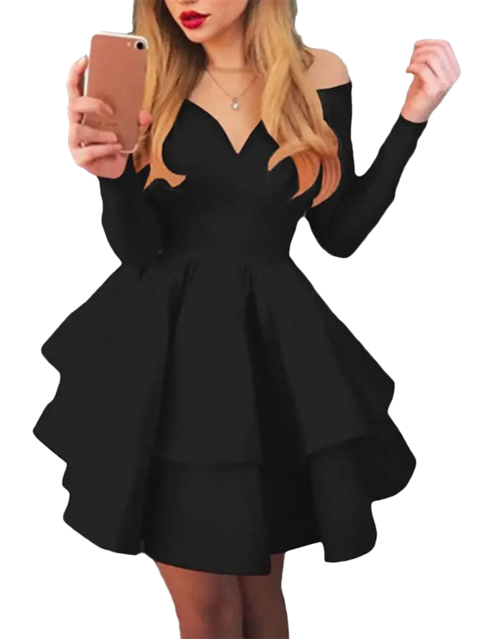 LuckeLadybug LLC off shoulder ruffled mini dress in black with stylish layered design and long sleeves