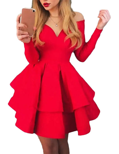 LuckeLadybug LLC off shoulder ruffled mini dress in vibrant red with a flared skirt and long sleeves