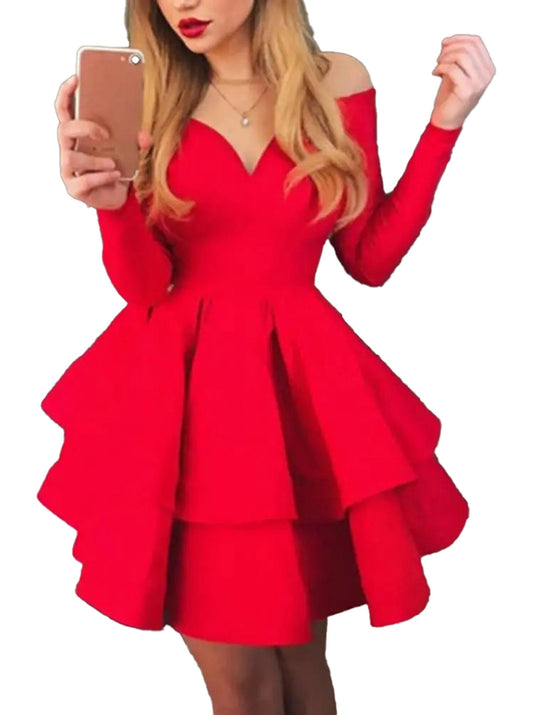 Red off shoulder ruffled mini dress with long sleeves and a flared skirt by LuckeLadybug LLC