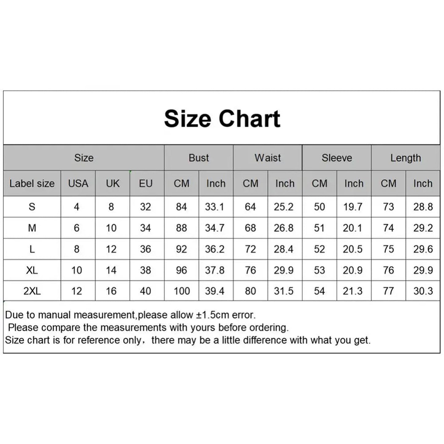 Size chart for off shoulder ruffled mini dress showing bust, waist, sleeve, and length measurements