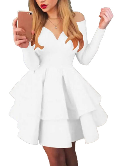 Stylish off shoulder ruffled mini dress in white with a flared skirt and long sleeves