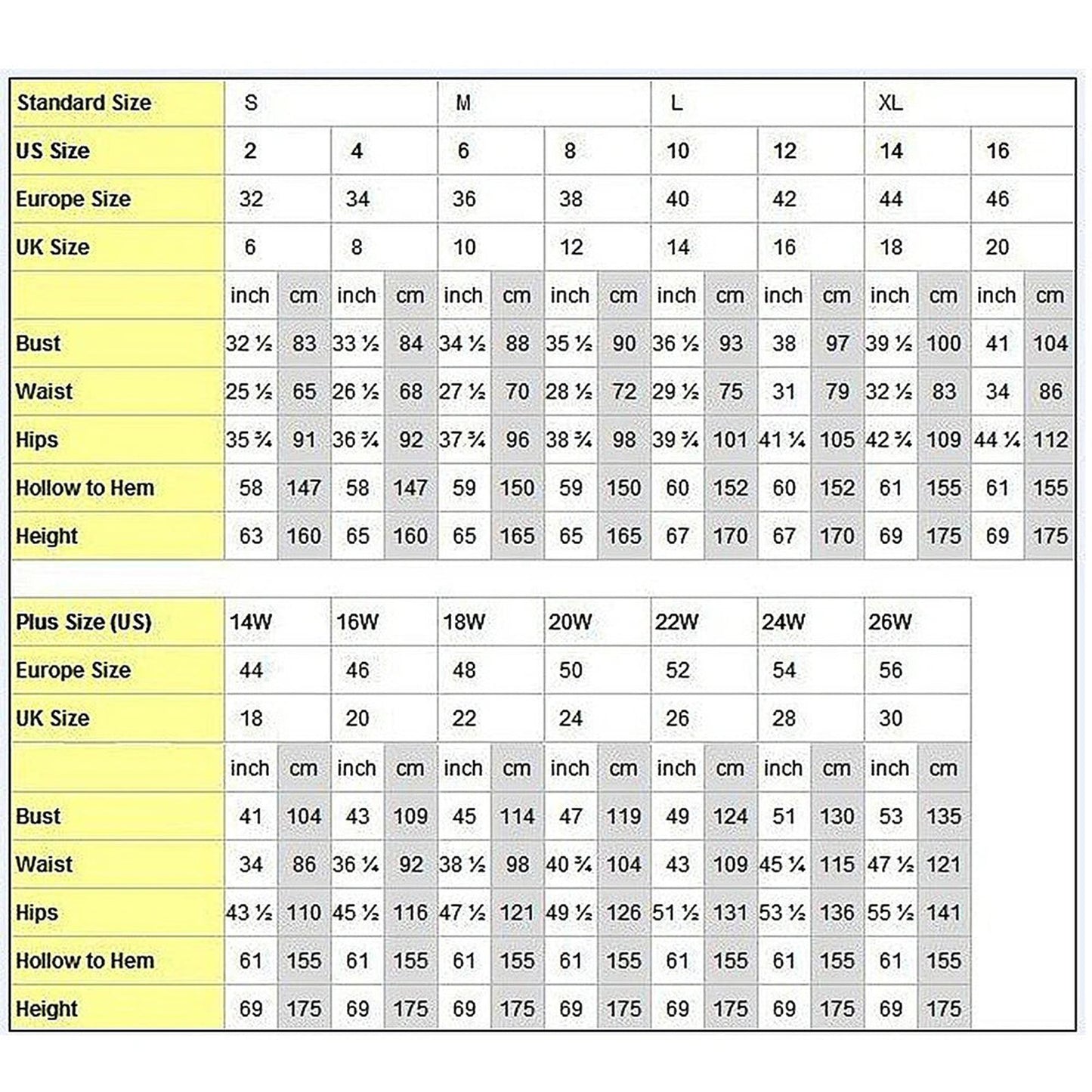 Sizing chart for off the shoulder wedding dress from LuckeLadybug LLC with detailed measurements