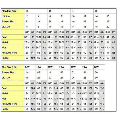 Sizing chart for off the shoulder wedding dress from LuckeLadybug LLC with detailed measurements