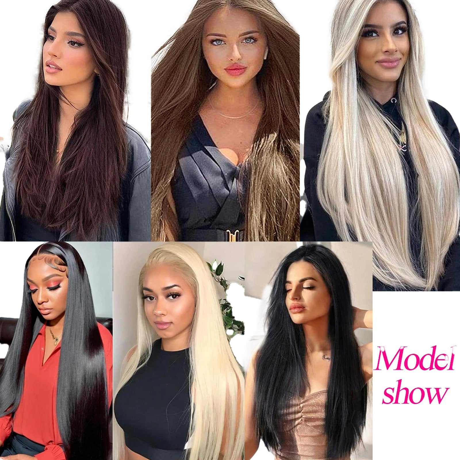 Collection of women showcasing ombre blonde straight hair bundles in various styles and lengths