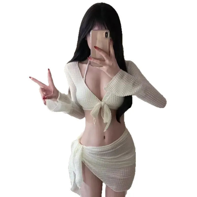 Chic one piece bikini swimsuit with a tie-front design, paired with a stylish cover-up