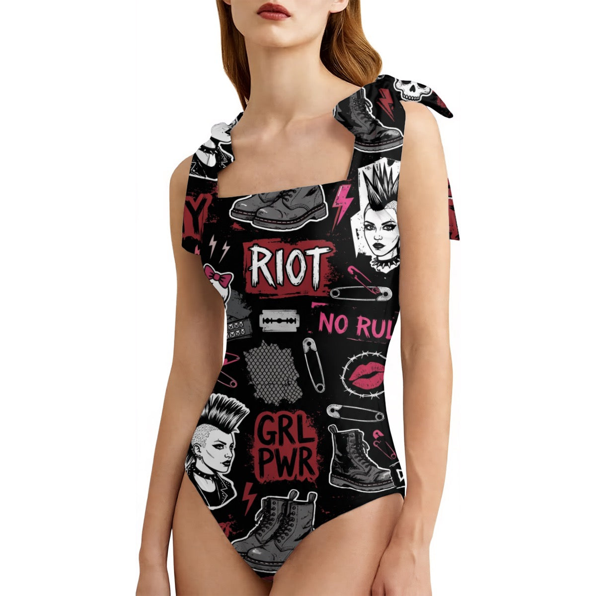 LuckeLadybug one piece swimsuit bathing suits with fun punk graphics and shoulder ties