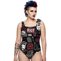 LuckeLadybug one piece swimsuit bathing suits featuring punk rock designs and bold graphics