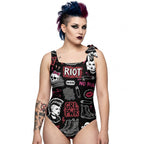 LuckeLadybug one piece swimsuit bathing suits featuring punk rock designs and bold graphics