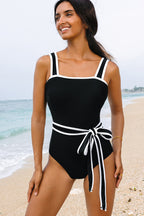 LuckeLadybug LLC Black One-Piece Swimsuit Bathing Suits with White Stripes and a Stylish Belt