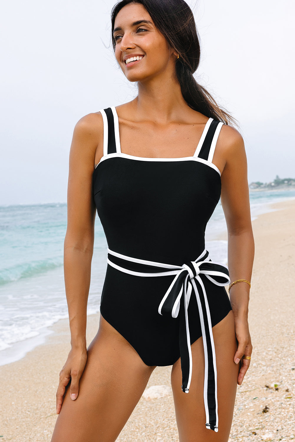 LuckeLadybug LLC Black One-Piece Swimsuit Bathing Suits with White Stripes and a Stylish Belt
