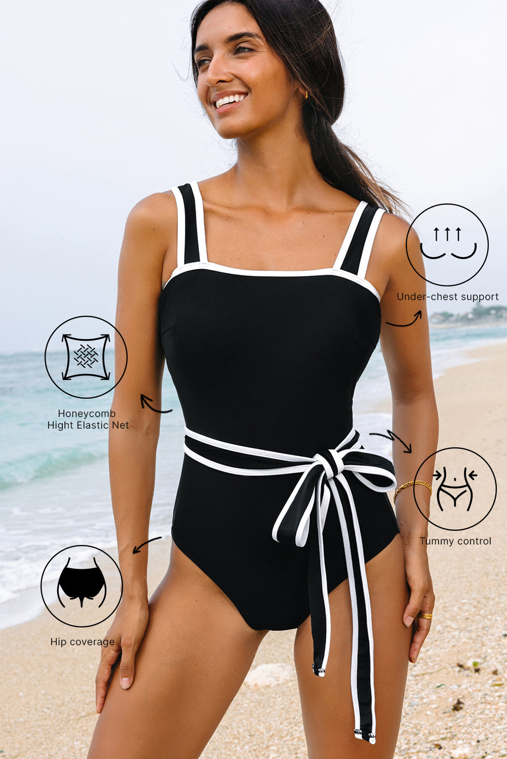 LuckeLadybug one piece swimsuit bathing suits with honeycomb texture and adjustable belt for comfort