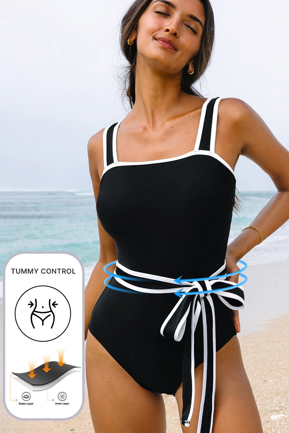 LuckeLadybug one piece swimsuit bathing suits with tummy control design and stylish tie belt