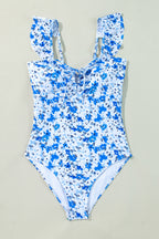 LuckeLadybug LLC One Piece Swimsuit Bathing Suits in Blue Floral Design with Ruffled Straps