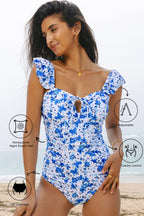 LuckeLadybug LLC one piece swimsuit bathing suits in blue floral design with adjustable straps and tummy control