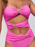 LuckeLadybug LLC Pink One Piece Swimsuit Bathing Suits with Starfish Detail and Cut-Out Design