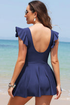 Black Ruffled Short Sleeve Lace Trim V Neck One Piece Swim Dress