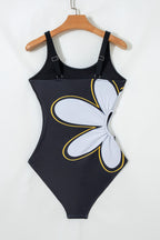 Dear-Lover one piece swimsuit bathing suits featuring a black design with a large flower print